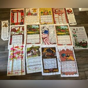 Lot 15 VTG 1970s Linen Calendar Towels Country Farmhouse Folk Kitchen Tea Towels